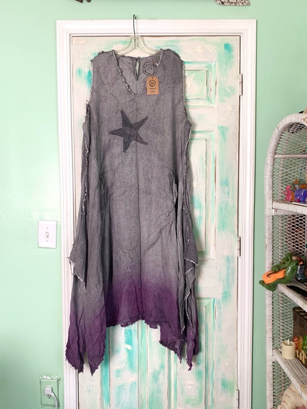 BRAND NEW A Rare Bird Purple/Grey Dip Dye Painted Star Frayed Dress L/XL